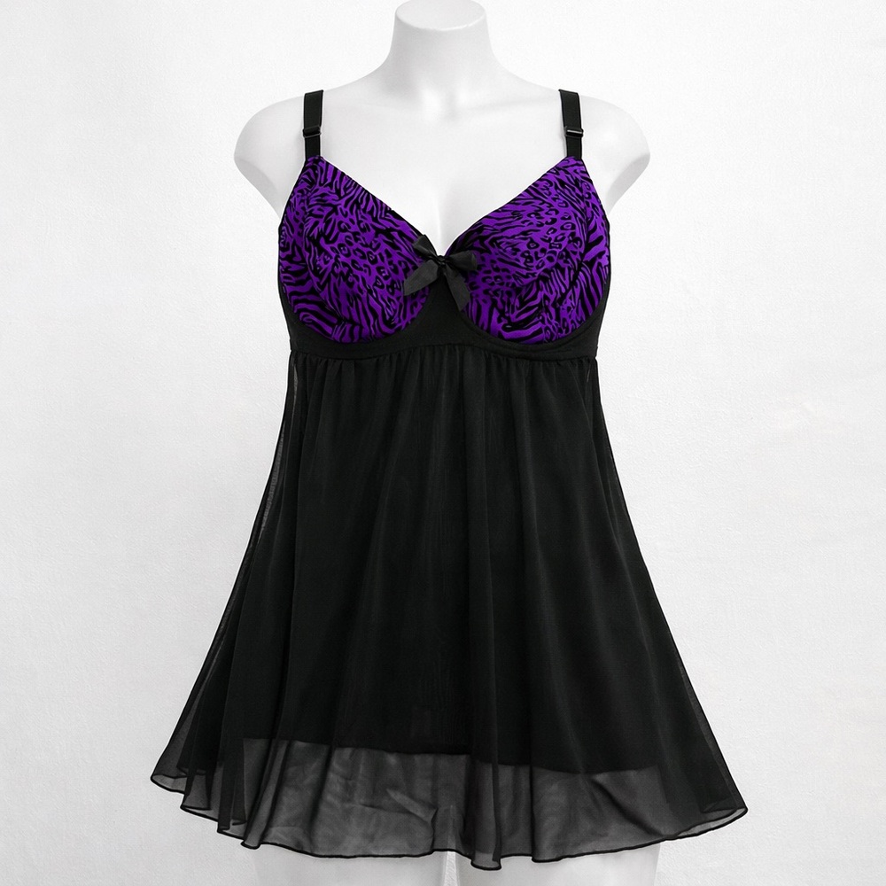 Delta Burke Purple Animal Print Babydoll Lingerie Black Sheer 6X Boudoir Bundle